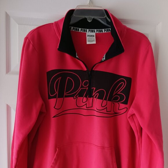 PINK Victoria's Secret Womens 3/4 Zip Pullover Sweater Size Lg Pink Black Collar - Picture 2 of 10